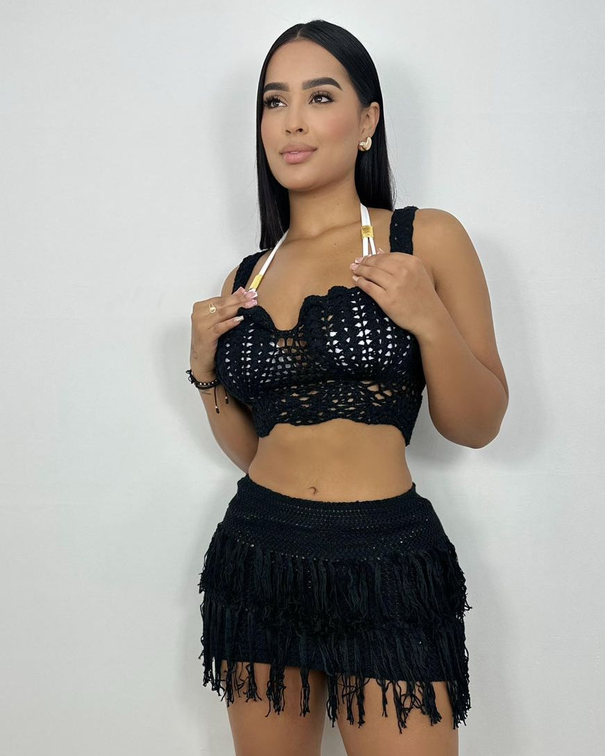 REF 3767 CROCHET FRINGE BEACH COVER-UP SET