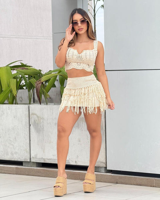REF 3767 CROCHET FRINGE BEACH COVER-UP SET